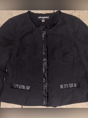 Karl Lagerfeld Black Collarless Tweed Jacket with Leather Trim